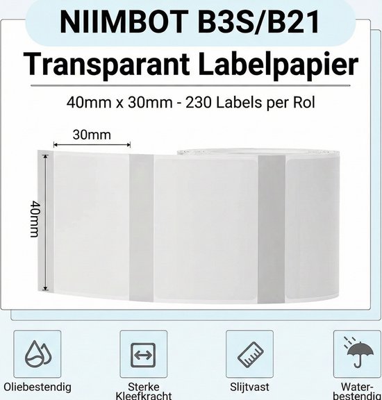 NIIMBOT Zelfklevende thermische etiketten, B1/B21/B3S, etikettentape, papieren etiketten voor school, thuis, kantoor, kleine bedrijven, rechthoekig, transparant, 40 x 30 mm