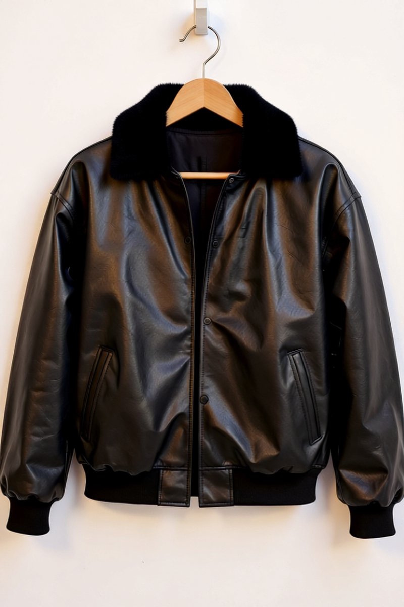 Retro Unisex Leren Jas Shearling Zwarte
