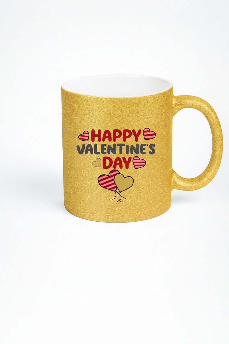 Valentijnsdag Mok Gouden Glitter - Happy Valentine's Day met Hartjes - Romantisch Cadeau