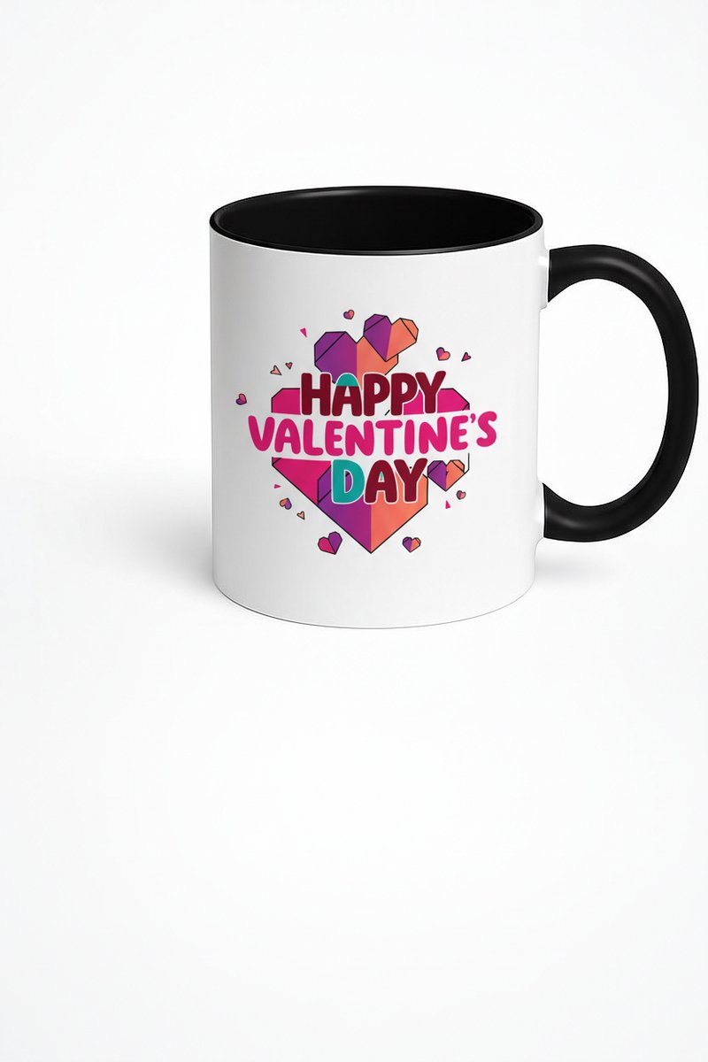 Valentijnsdag Mok 'Happy Valentine's Day' met Geometrische Harten - Wit/Zwart Design