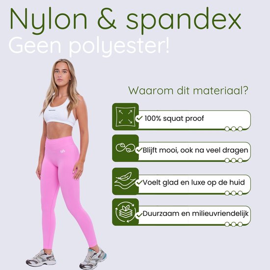 Model in roze sportlegging met het logo "EA" op de heup. Text over nylon & spandex materiaal.
