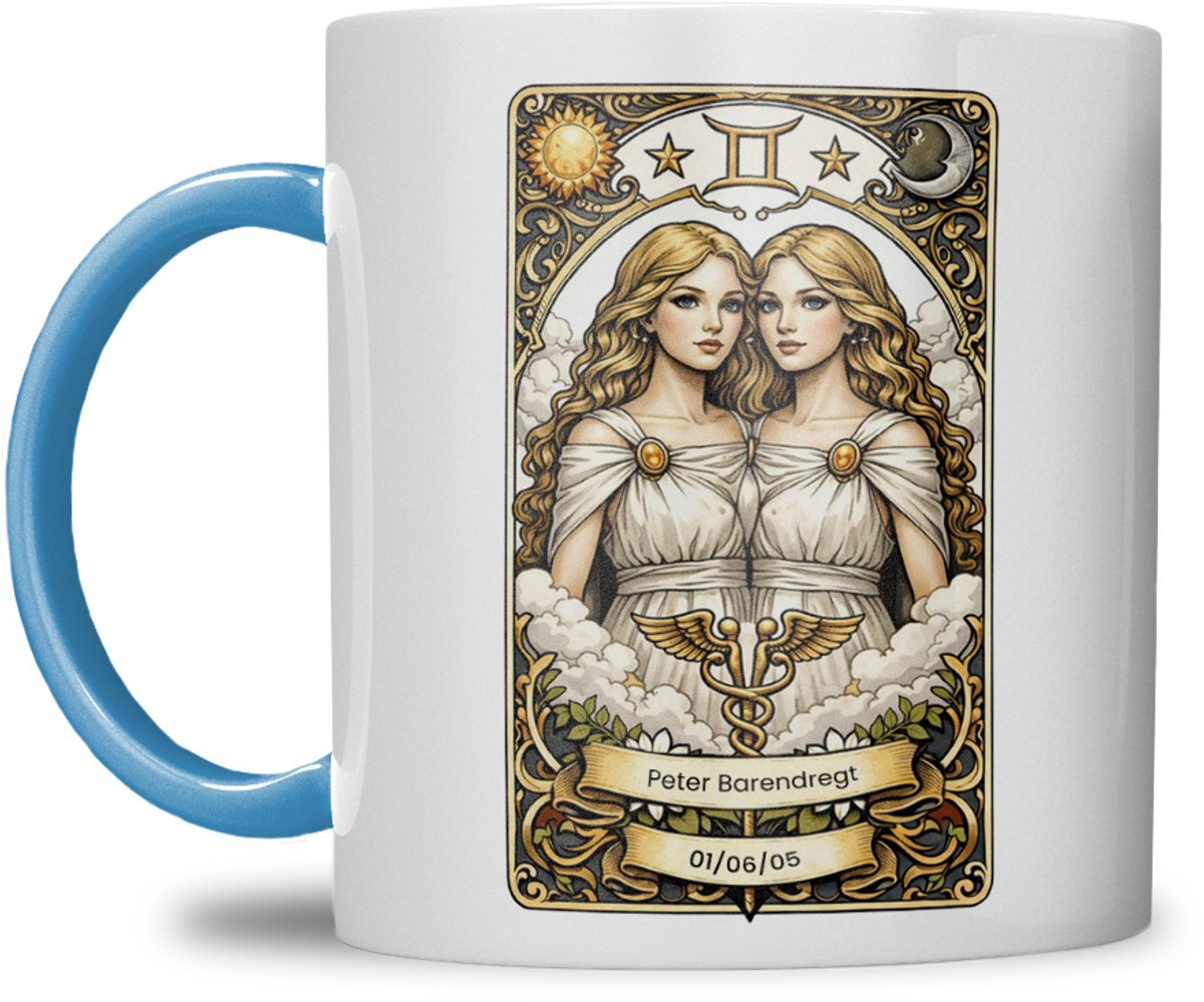 Sterrenbeeld mok - Tweeling - Licht Blauw - Tarot mok - Gepersonaliseerd met naam en datum