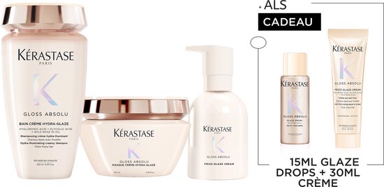 Kérastase Gloss Absolu Crème Anti-Frizz Routine - Voor Dik en Pluizend Haar + 2 Cadeaus - Gloss Absolu Shampoo 250ml, Haarmasker 200ml & Crème 45ml + Crème 30ml & Glaze Drops Haarolie 15ml Cadeau