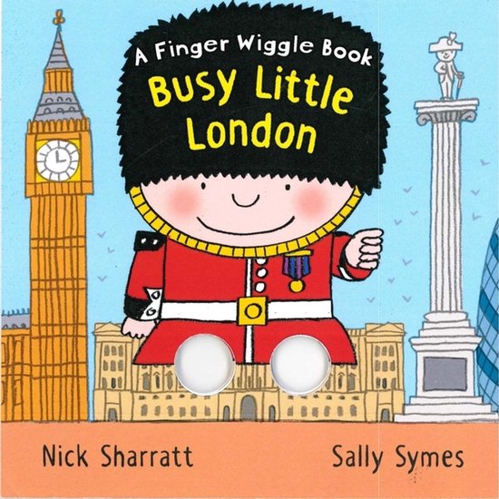 Boekomslag: Een vinger boekje over een drukke Londense stad. Met een Wachter voor Buckingham Palace, de Big Ben en een glimmend gebouw.