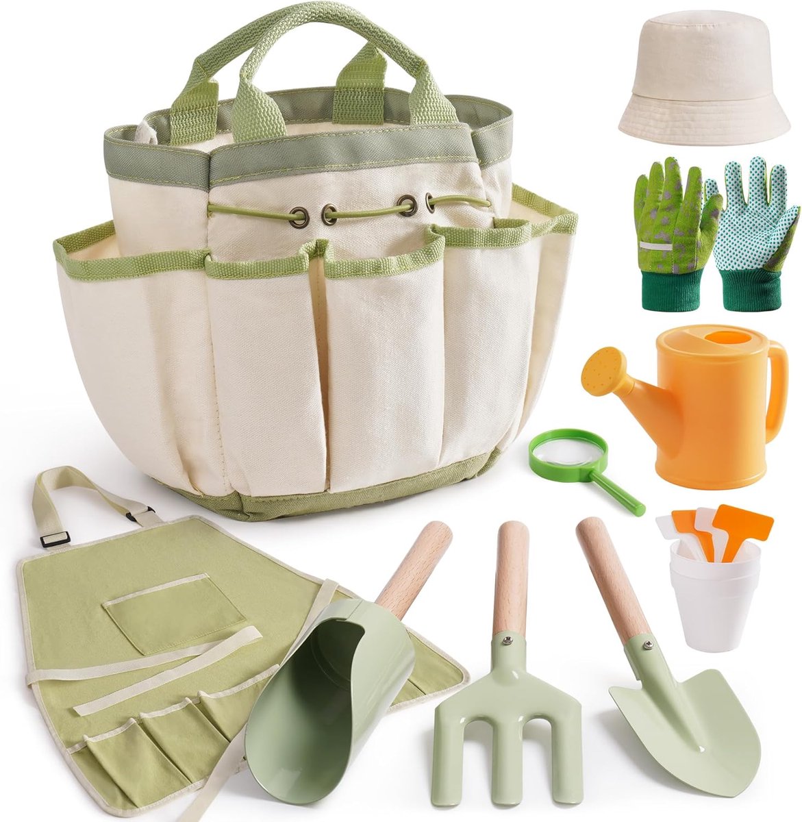 MELVRA Tuingereedschap voor Kinderen - 18-delige Set - Metaal - Inclusief Schort, Hoed, Gieter & Tas - Buitenspeelgoed - Peuters & Kinderen - Blauw