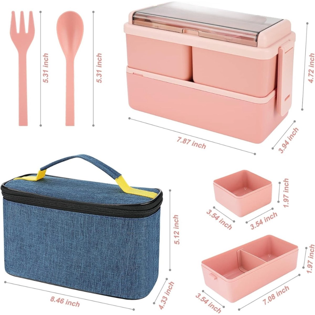 Famanu – Lunchbox met 3 vakken - 2-laagse lekvrije bentobox met geïsoleerde tas en bestek - lunchbox voor maaltijdvoorbereiding voor volwassenen - studenten - kantoor - magnetron 1400 ml — cadeau in Koken & Dineren - foto 2