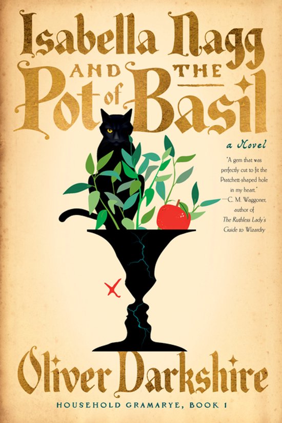 Couverture de livre : Isabella Nagg et le Pot de Basilic avec un chat noir, une pomme rouge et des plantes sur un vase.