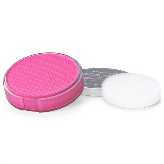 Roze schmink van Paint-A-Boo in een transparante pot met een witte spons ernaast.