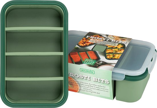 Groen Bourgini Frosti Bits bakje met 4 lege vakken, naast een gevuld bakje.