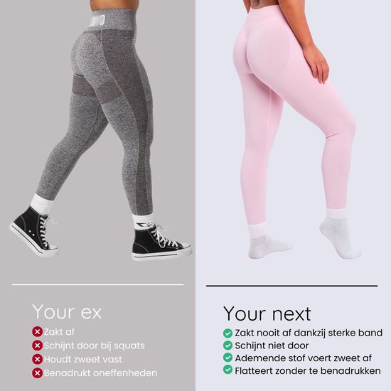 Vergelijking van sportleggings: oude grijze legging zakt af, schijnt door en houdt zweet vast. Nieuwe roze legging blijft goed zitten, schijnt niet door, ademt en flatteert.