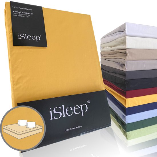 Gele hoeslaken van iSleep, 100% perkal katoen, met een stapel hoeslakens in verschillende kleuren op de achtergrond.