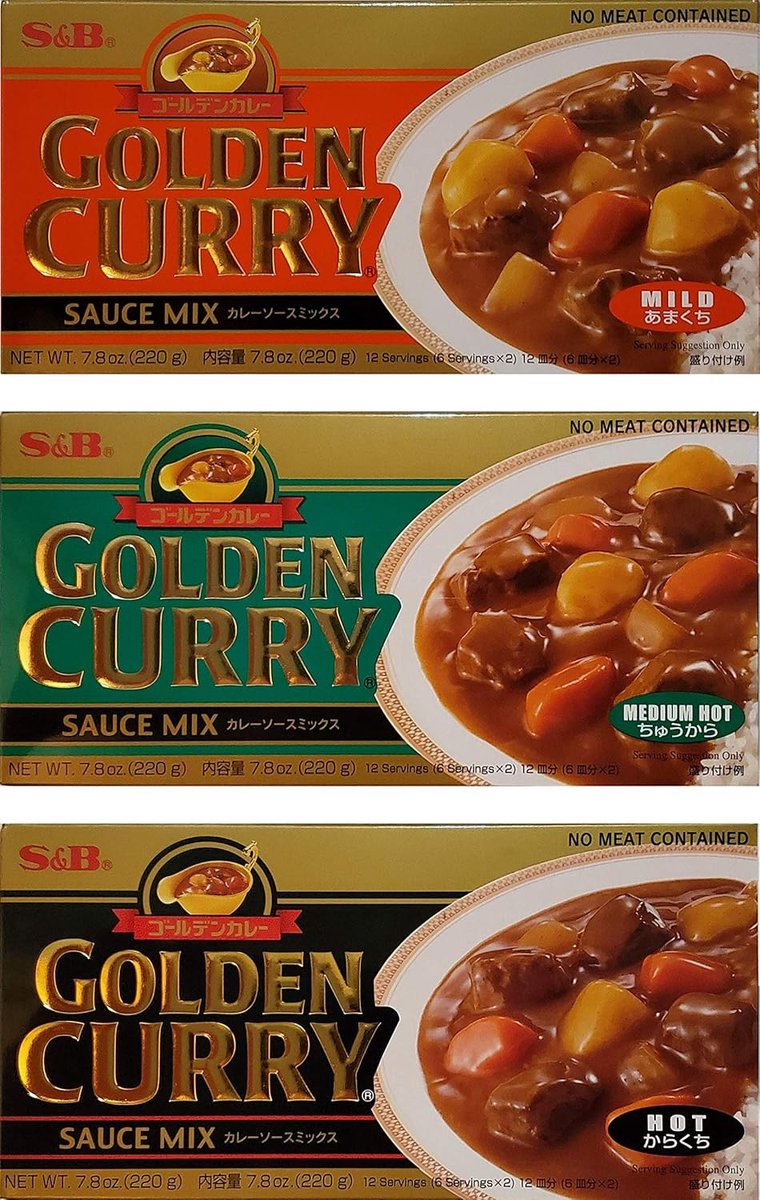 S&B Golden Curry Saus Mix 3-Pack - Mild, Medium & Hot 3 x 220 g | Japanse Curry Roux | Authentieke Japanse Kruidenmix | Voor Rijst, Kip, Rund & Groenten met Kajal Sticker