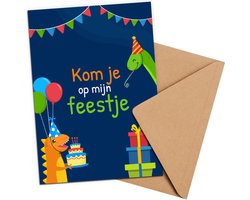 uitnodiging kinderfeestje + Enveloppen 10 stuks - Dino Blauw - Beschrijfbaar - Uitnodigingskaarten - Uitnodiging verjaardag - uitnodiging verjaardag feest - Uitnodiging kinderfeestje Jongen of Meisje - Uitnodiging feestje - uitnodigingen