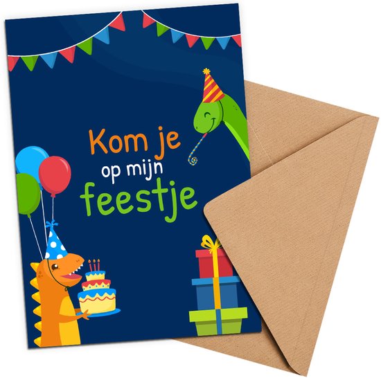 uitnodiging kinderfeestje + Enveloppen 10 stuks - Dino Blauw - Beschrijfbaar - Uitnodigingskaarten - Uitnodiging verjaardag - uitnodiging verjaardag feest - Uitnodiging kinderfeestje Jongen of Meisje - Uitnodiging feestje - uitnodigingen