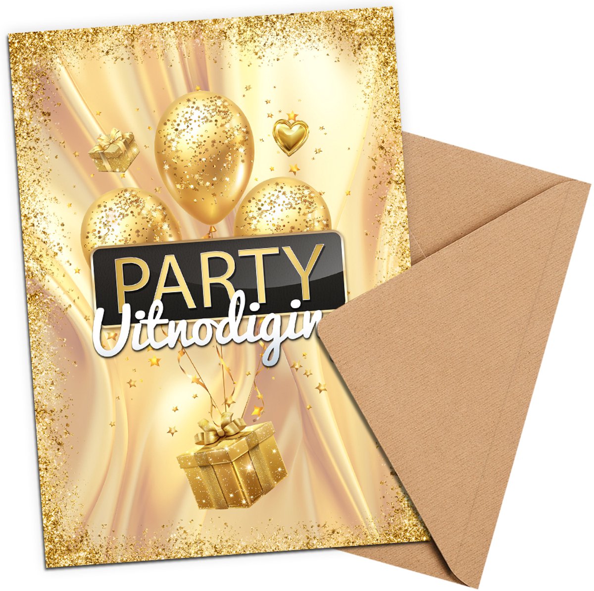 Uitnodiging Kinderfeestje + Enveloppen 10 stuks - Thema Goud - Beschrijfbaar - Uitnodiging verjaardag - Jongen of meisje - Uitnodigingskaarten - kraft envelop - Verjaardag Feest