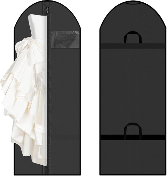 Een witte bruidsjurk met strikken in een zwarte kledinghoes, naast een gesloten zwarte kledinghoes.