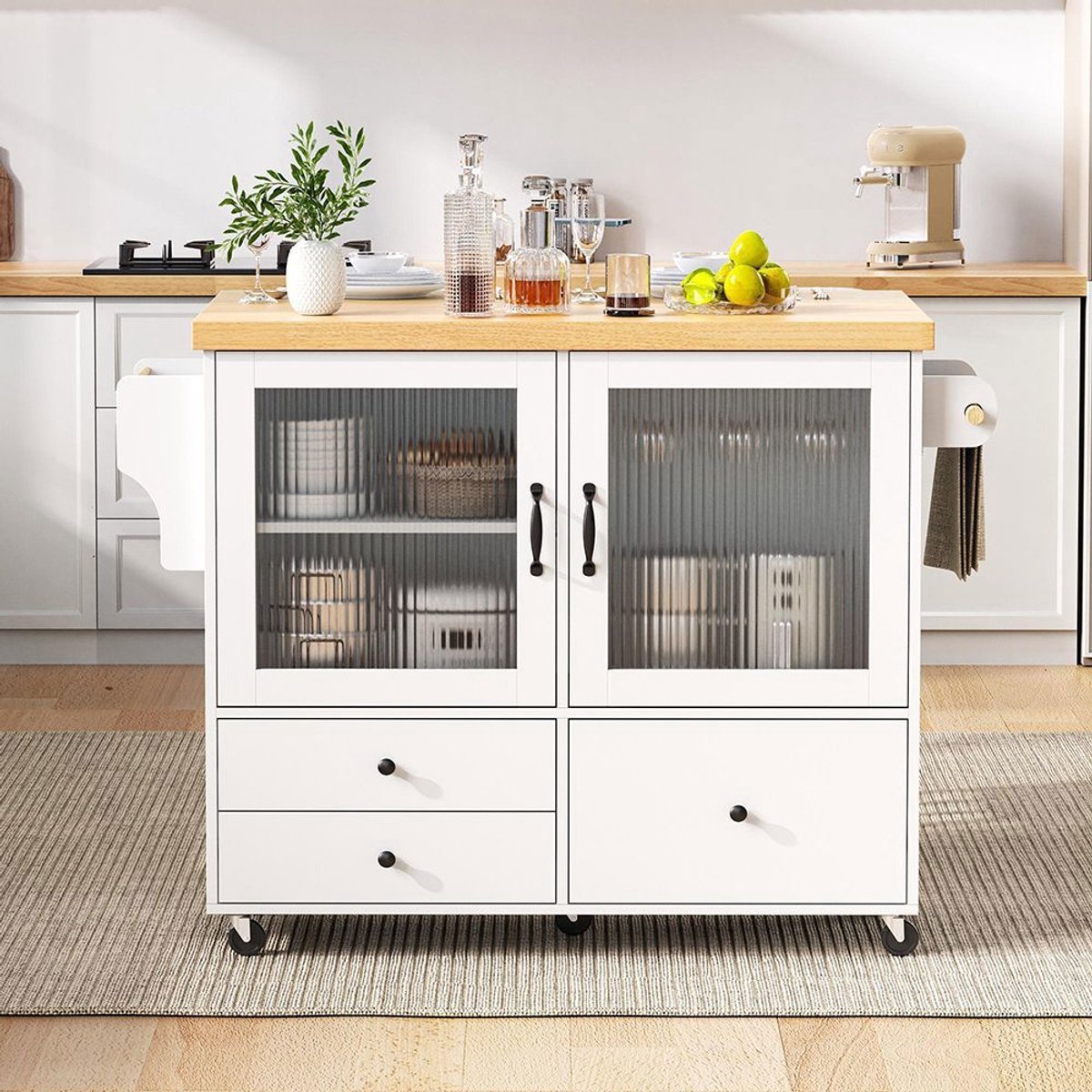 BLACKCOLORS Verrijdbaar keukeneiland met wieltjes en uitschuifbaar blad, keukentrolley met wijnrek en opbergruimte, ideaal voor de keuken en eetkamer (wit)