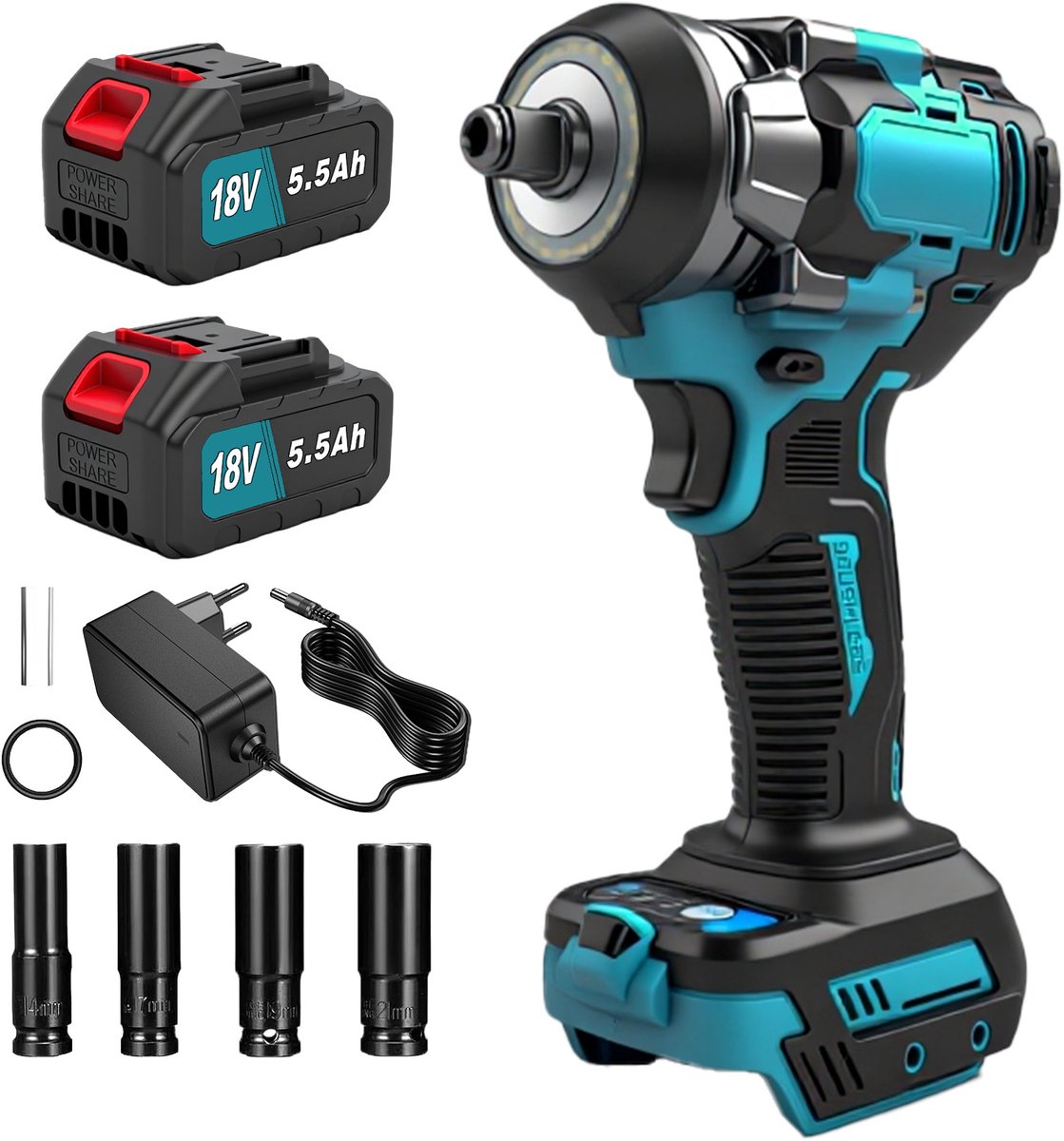 18V Borstelloze Klopboormachine, Max Koppel 500 N.m met 3 Snelheidsstanden, 2400 RPM Accuklophamer, Inclusief 5,5Ah Accu, Lader, 4 Klopsteekdozen en Opbergkist, Met verlichte rand