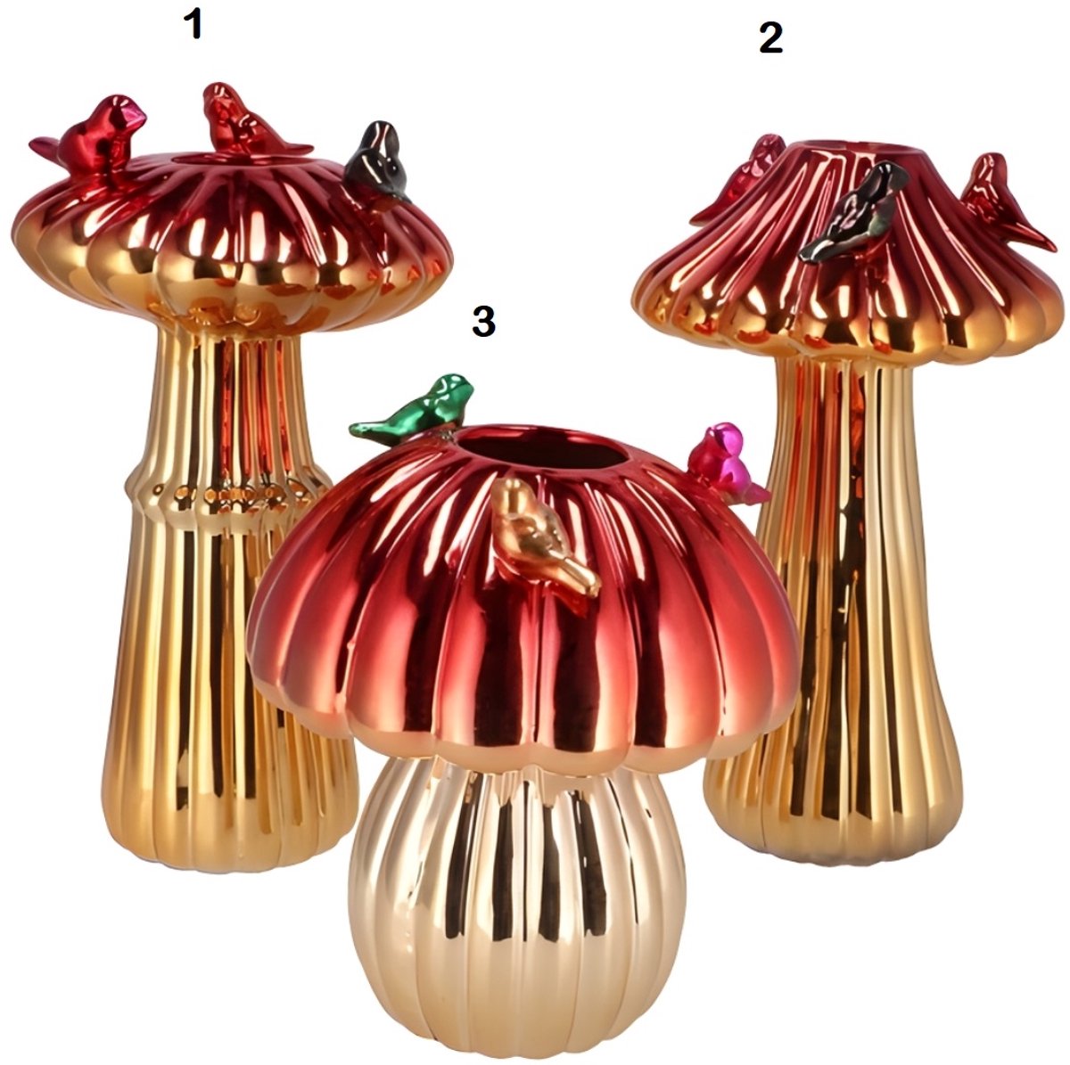Daan Kromhout Design - vogelvaas - vaas - goud - rood - paddenstoel - H18 cm - Ø16 cm - u ontvang nr. 2 van de foto !