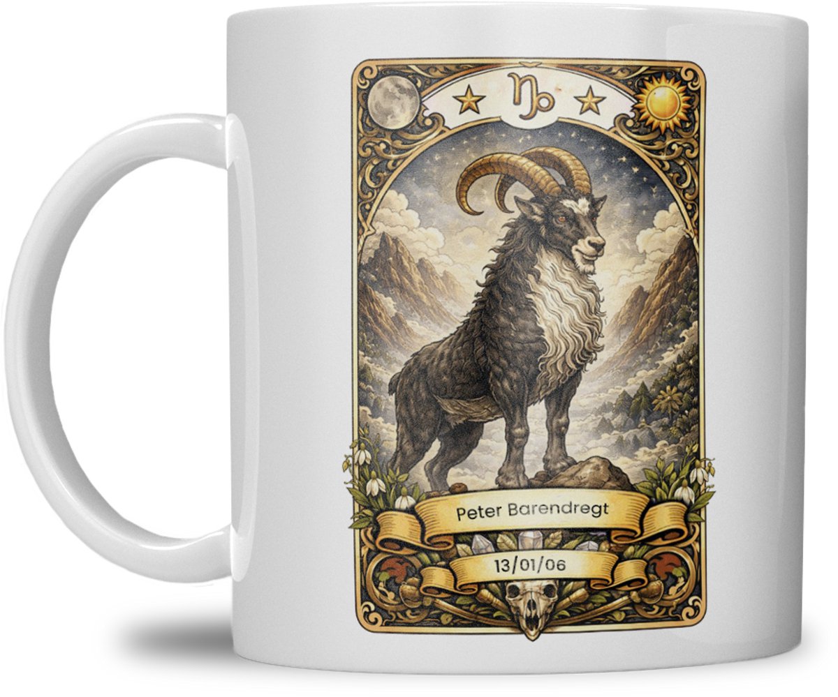 Sterrenbeeld mok - Steenbok - Wit - Tarot mok - Gepersonaliseerd met naam en datum