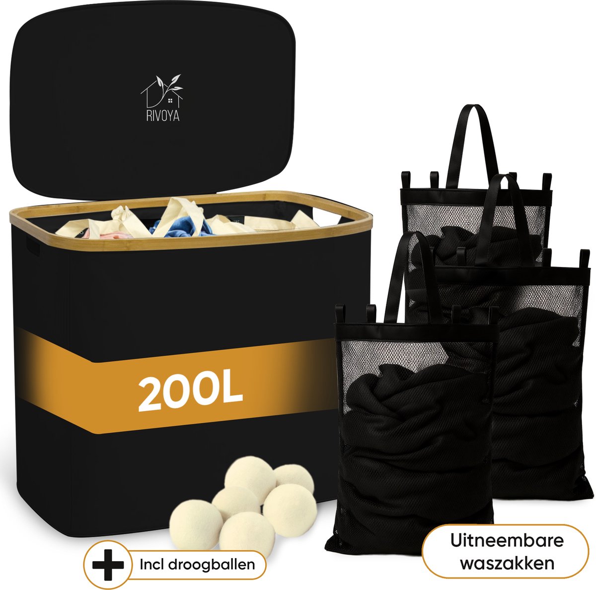Rivoya Wasmand 3 Vakken - Wassorteerder - XXL 200L - Met 3 Uitneembare Zakken - Wasmand met deksel - Laundry basket - Extra grote capaciteit - Waszak - Wasbox - Zwart - incl Drogerballen