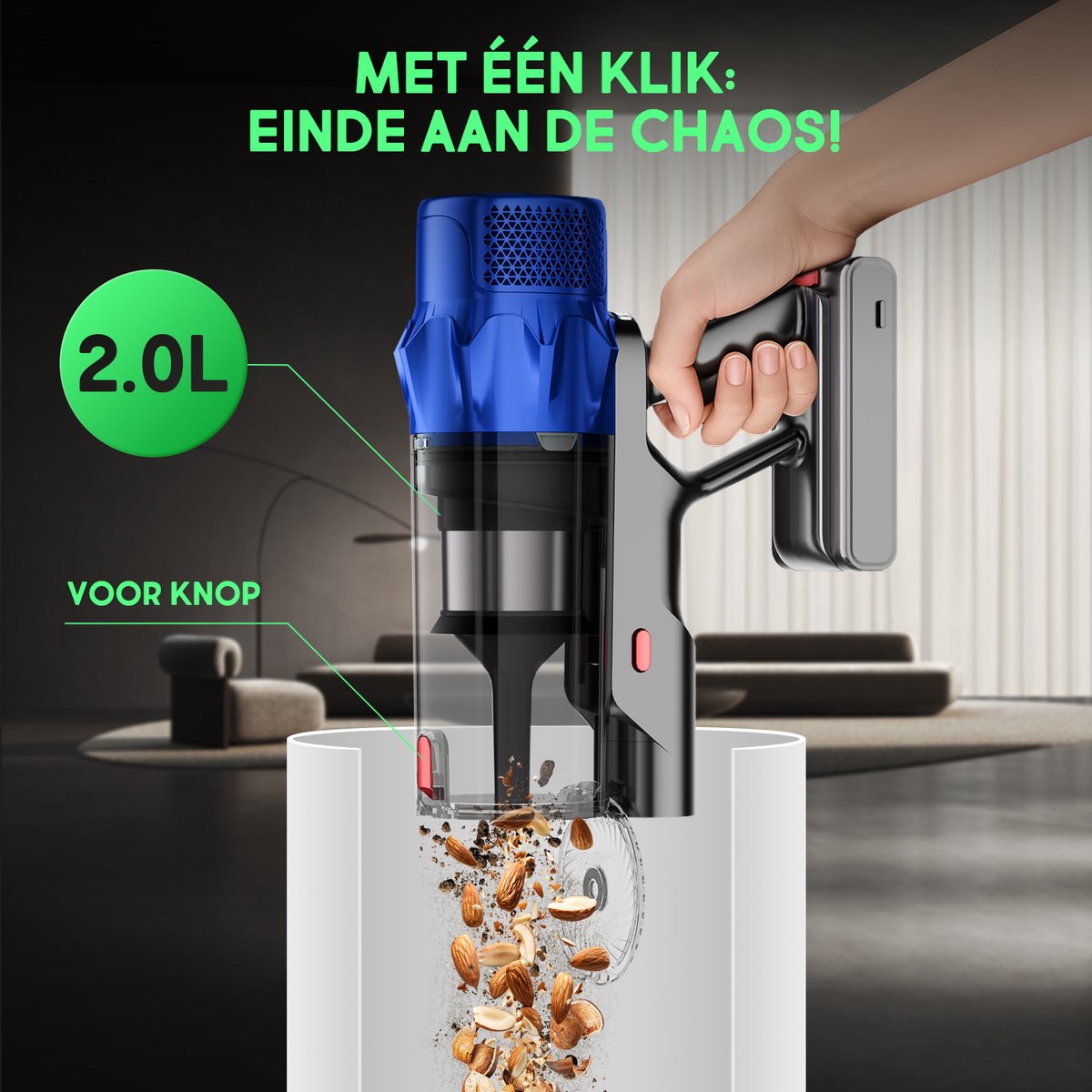 Fukstern Steelstofzuiger Draadloos – 75KPa Krachtige Zuigkracht – Tot 60 Min Accuduur – 3 Zuigstanden - Anti-Klit Vloerborstel – 7-voudig HEPA-Filtersysteem – 2L Stofreservoir – Groen Licht & Hygiënische Reiniging – blauw – foto 4