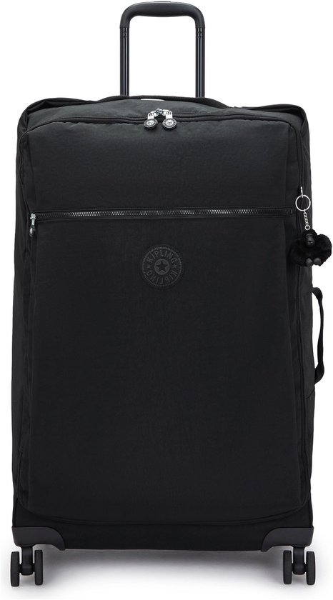 Zwarte Kipling reiskoffer met trolley-handvat, ritssluitingen, wielen en een Kipling logo