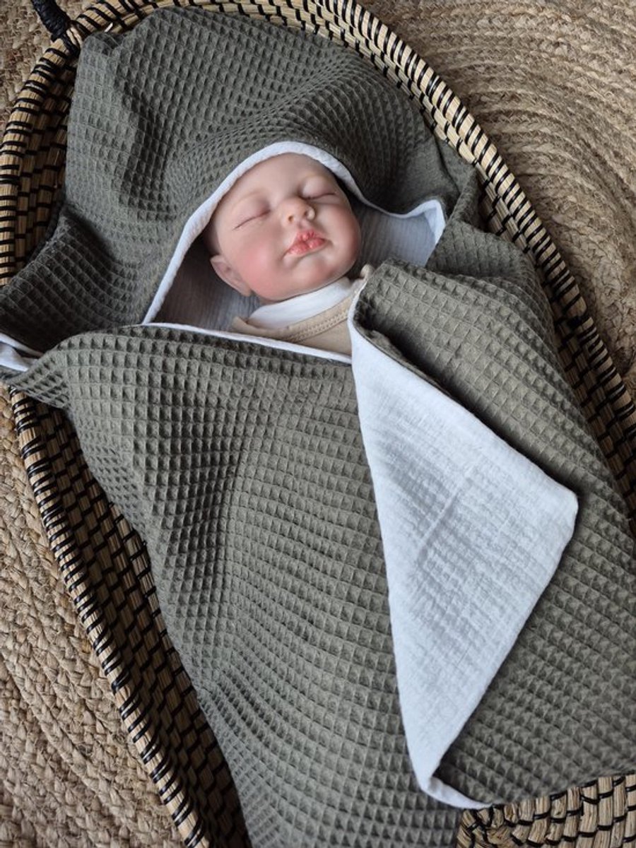 Wikkeldeken - Omslagdoek - Badcape baby - Army Green - Voertuigen - 70x70cm / Baby Creaties / Zacht en Ademend voor je Baby
