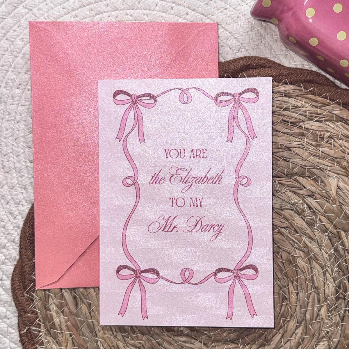 Nook & Note – Luxe Quote Kaart – Elizabeth & Mr. Darcy – Shimmer Papier – Roze