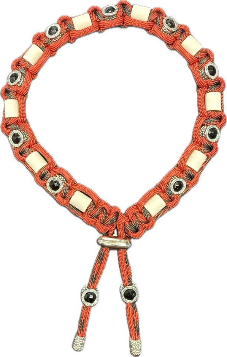 Anti-tekenband hond - Lucia - lengte 40 cm - nekomvang vanaf 38 tot en met 44 cm - originele EM-X kralen lichtgrijs - maat L - rood/zwart - zilverkleurige met zwart bedels