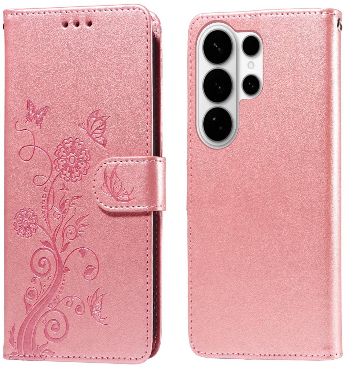 Mobigear Telefoonhoesje geschikt voor Samsung Galaxy S26 Ultra Hoesje | Mobigear Flowers Bookcase Portemonnee | Pasjeshouder voor 3 Pasjes | Telefoonhoesje voor Pinpas / OV Kaart / Rijbewijs - Roségoud