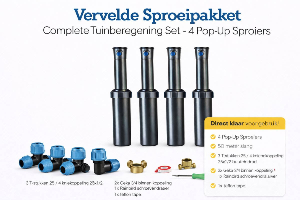 RainBird tuinsproeierset 3504-PC zonder tyleenslang | 4 pop-upsproeiers | 4 sproeiers | Sproeibereik 4,6 t/m 10,7 meter