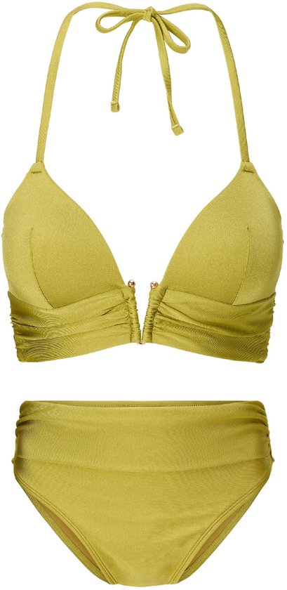Lichtgroene triangel bikinitop met push-up en halternek, bijpassend hooggesloten bikinibroekje.