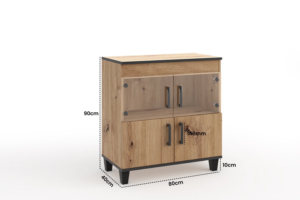 Vitrinekast Vanessa VI Lage kast Glazen barkast Kasten Rekken Houten meubels Glazen deur met houten poten Woonkamermeubel