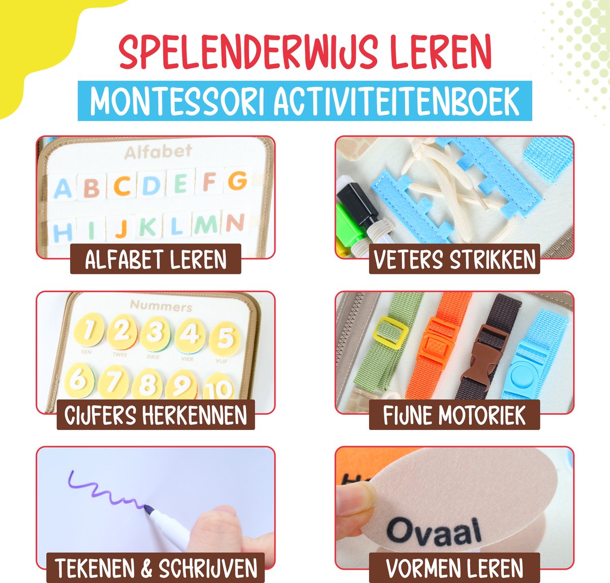 Montessori Activiteitenboek – Busy Board Nederlands – Alfabet, Cijfers & Vormen – Educatief Speelgoed – Motoriek Speelgoed – Dinosaurussen Beige — afbeelding 2