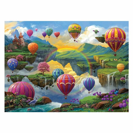 Ravensburger 500-stukjes puzzel met veelkleurige luchtballonnen die zweven over een fantasielandschap met watervallen en drijvende eilanden.
