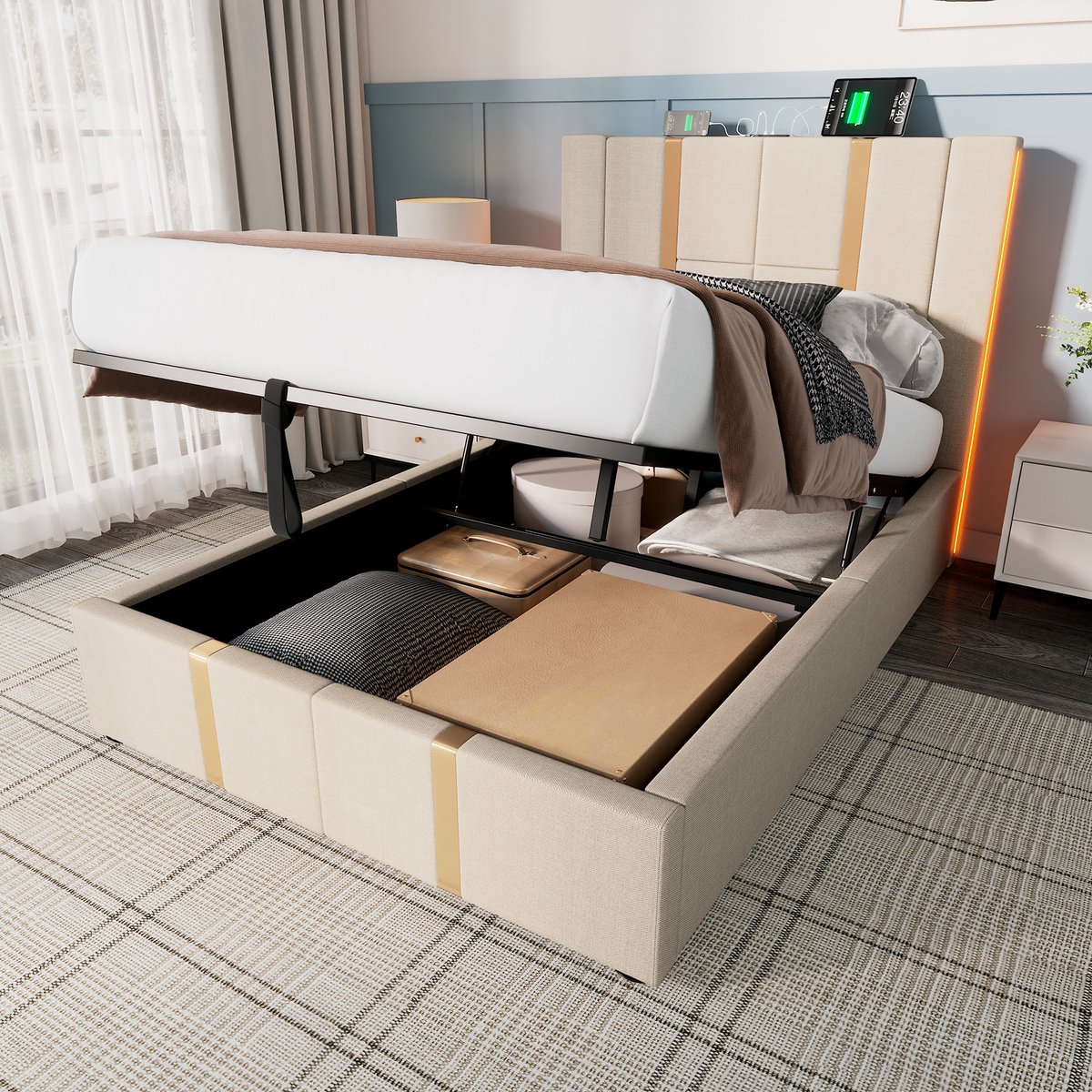REDOM Opbergbed 90x200 cm – Hydraulisch liftsysteem – USB/Type-C & RGB LED – Linnen – Beige