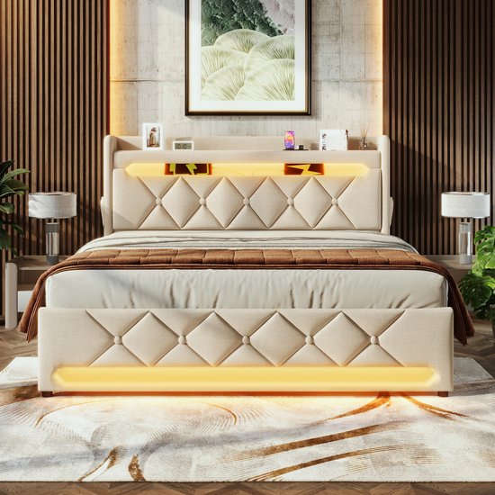 REDOM opbergbed 140x200 cm – Linnen, 360° LED, USB/Type-C, hydraulisch – Beige – Matras inbegrepen