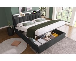 REDOM Opbergbed 160x200 cm – Linnen – Hydraulisch – LED & stopcontacten/USB – Grijs – 200 kg