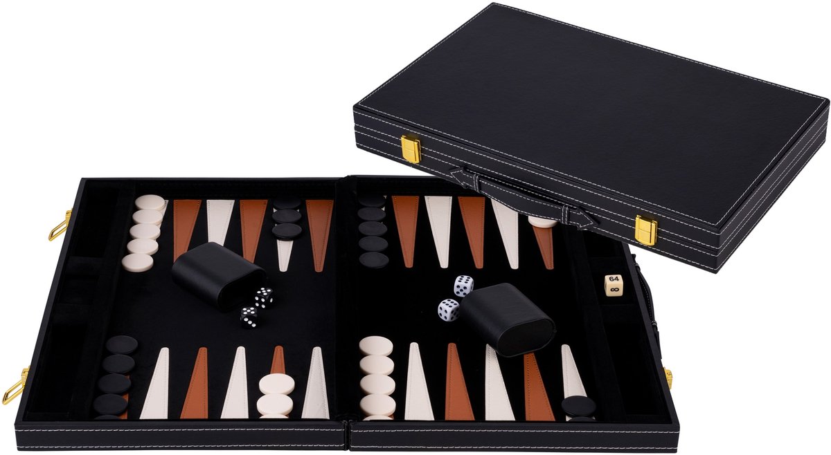 Backgammon 18 inch - Bruin & Ivoor Gestikt Bord - Zwarte Koffer met Handvat - Luxe Reiseditie - Engelhart