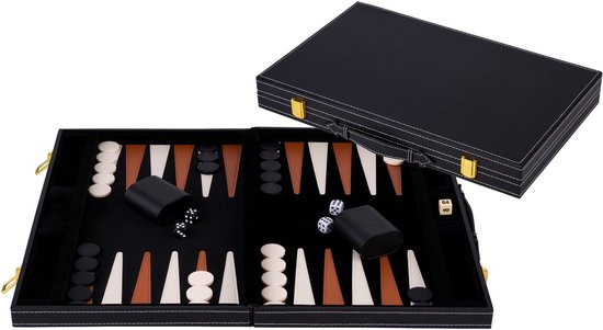 Zwart backgammonkoffer met bruine en ivoorkleurige punten, witte en bruine schijven, dobbelstenen en bekers, deels open.