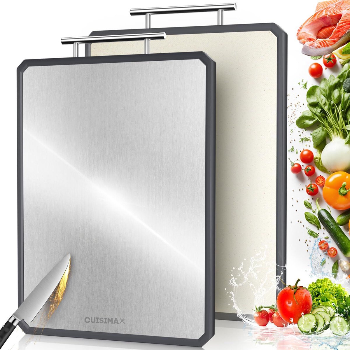 Cuisimax Titanium Snijplank Dubbelzijdig - PFAS-vrij - Met Raspdeel & Sapgeul - Vaatwasserbestendig - Cutting Board - Chopping Board