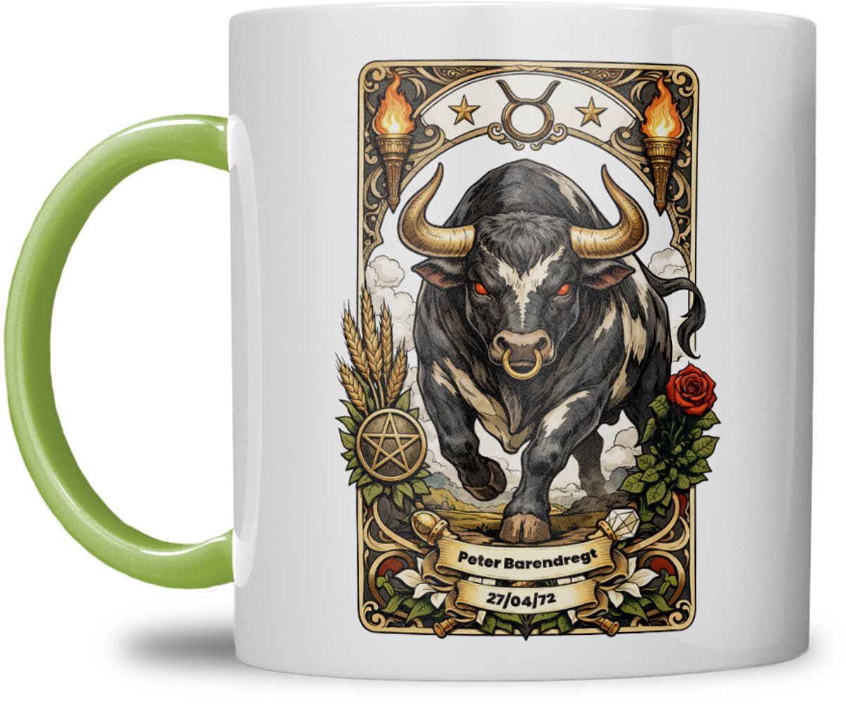 Sterrenbeeld mok - Stier - Licht Groen - Tarot mok - Gepersonaliseerd met naam en datum