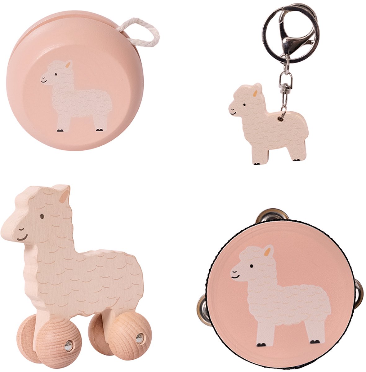 Speelgoedtopdeals - Houten Alpaca set - Alpaca op Wielen - Jojo - Tamboerijn - Sleutelhanger - Muziek