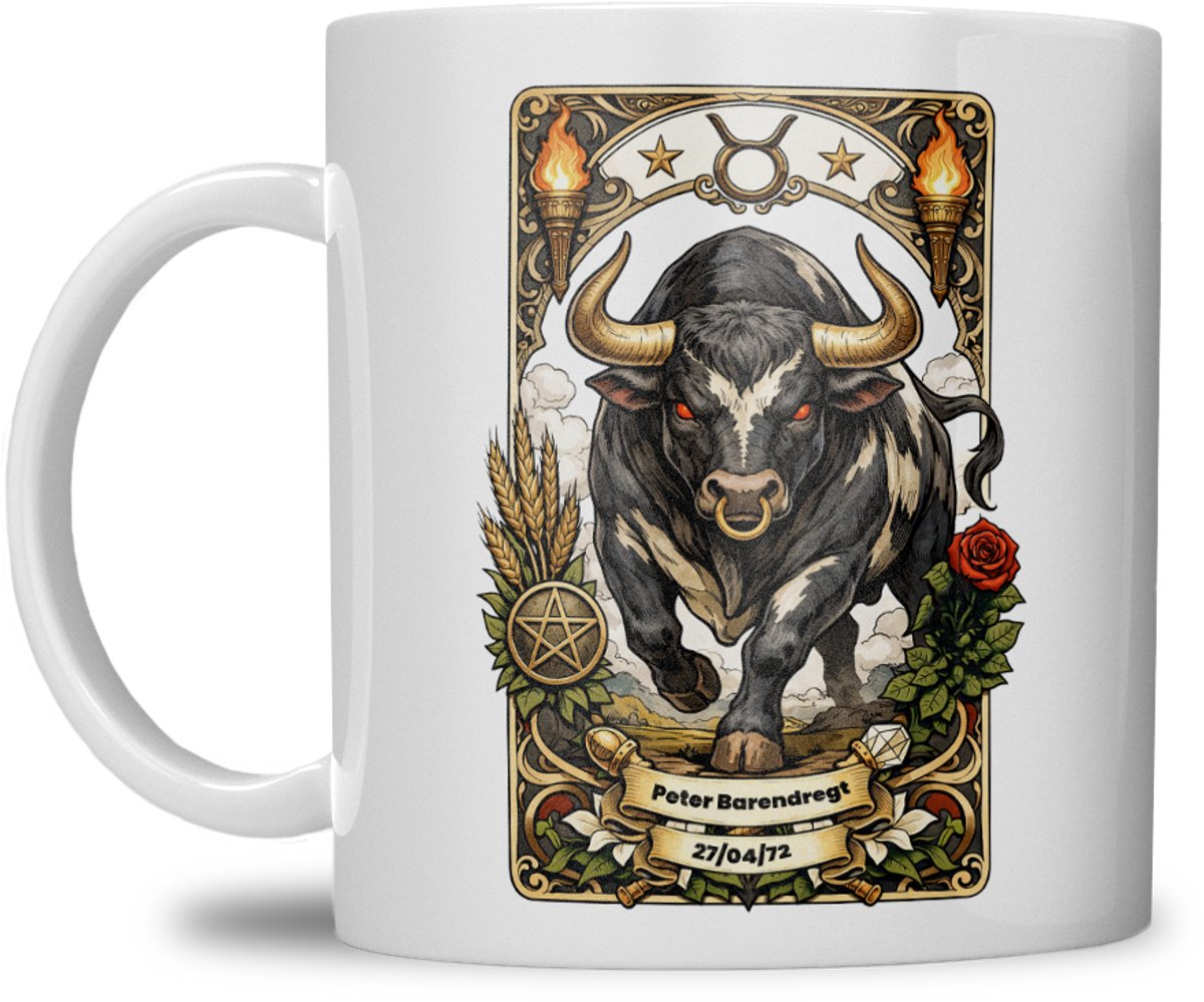 Sterrenbeeld mok - Stier - Wit - Tarot mok - Gepersonaliseerd met naam en datum