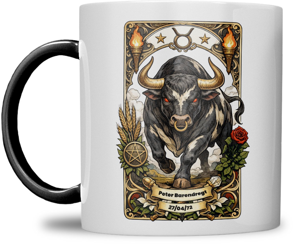 Sterrenbeeld mok - Stier - Zwart - Tarot mok - Gepersonaliseerd met naam en datum