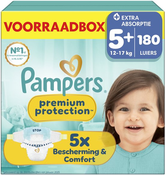 Pampers Premium Protection Maat 5+ - 180 Luiers - 12kg-17kg - Voorraadbox
