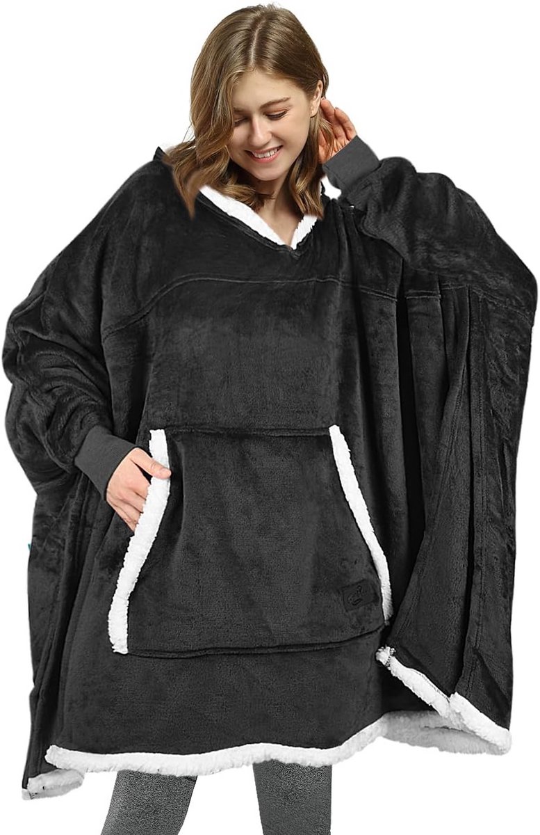 Oversized Hoodie Deken met Capuchon en Kangoeroezak | Fleece en Sherpa Voering | Warm en Draagbaar