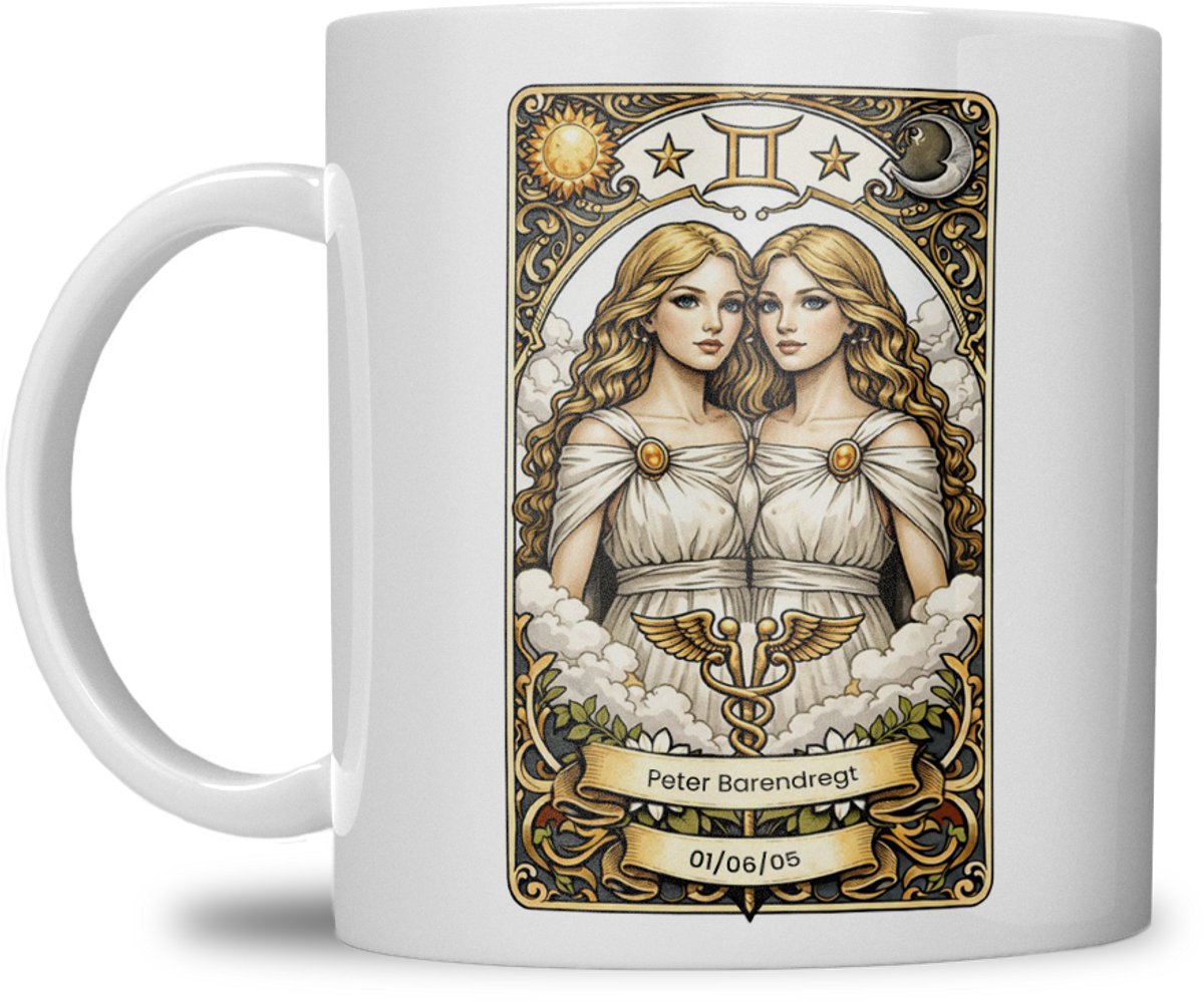Sterrenbeeld mok - Tweeling - Wit - Tarot mok - Gepersonaliseerd met naam en datum