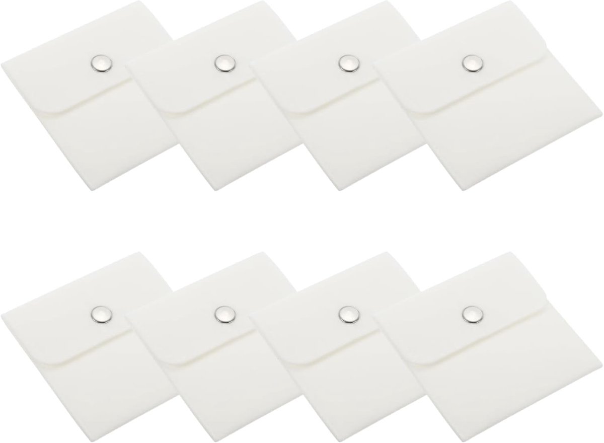 10 x 10 cm Sieraden Tassen - 8 Stuks Fluwelen Tassen met Drukknop - Draagbare Opbergtas voor Oorbellen - Armbanden - Kettingen - Ringen - Horloge - Wit